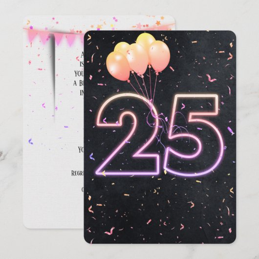 25歳の誕生日ネオンサイン ブラック招待状 招待状 (正面/裏面)