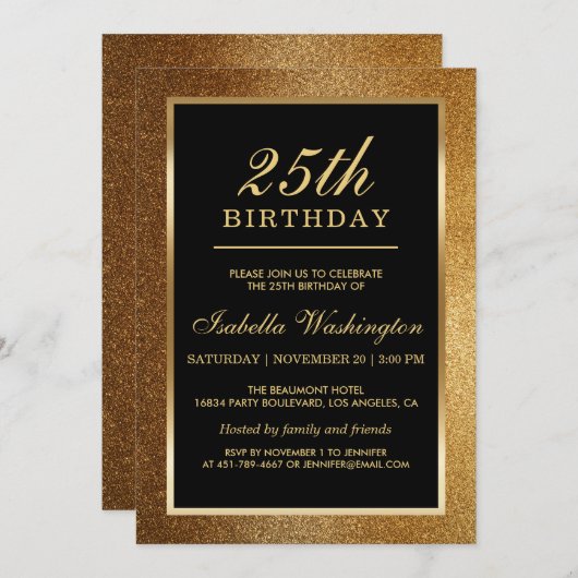 25歳の誕生日パーティー | トレンディーなゴールドグリッター 招待状 (正面/裏面)