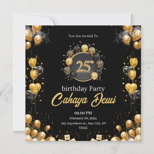 25歳の誕生日ブラックシルバーエレガントモダン 招待状 (正面)
