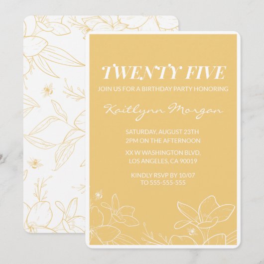 25歳の誕生日招待状ブランチモダンイエロー 招待状 (正面/裏面)