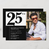 25歳の誕生日招待状 ブラック&ホワイトの写真 招待状 (正面/裏面)