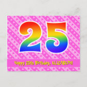 25歳の誕生日:ピンクのストライプとハート、レインボー25 ポストカード (正面)