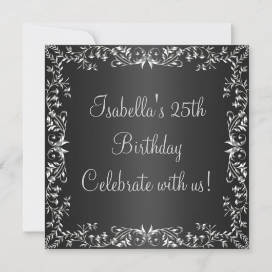25歳の誕生日 ブラック&シルバー フローラル メタル 招待状 (正面)