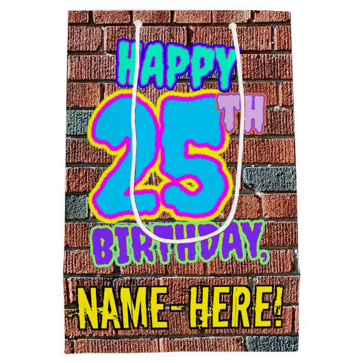 25歳の誕生日:楽しく都会的な落書き風デザイン ミディアムペーパーバッグ (裏面)