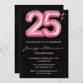 25歳招待状ピンクバルーングラムブラック 招待状 (正面/裏面)