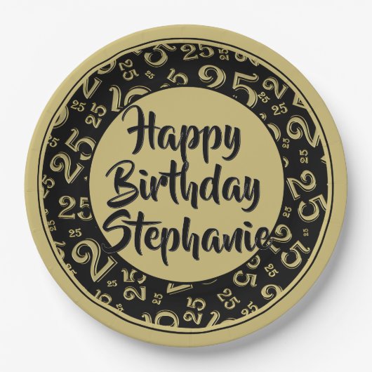 25番目のパーティー乱数パターンブラック/金ゴールド ペーパープレート (正面)
