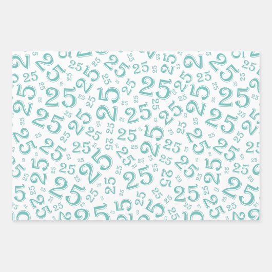 25番目の誕生日ティール(緑がかった色)と白の乱数パターン ラッピングペーパーシート (正面)