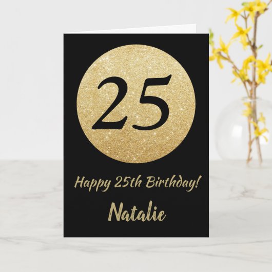 25番目の誕生日ブラックと金ゴールドグリッターカード カード (黄色い花)