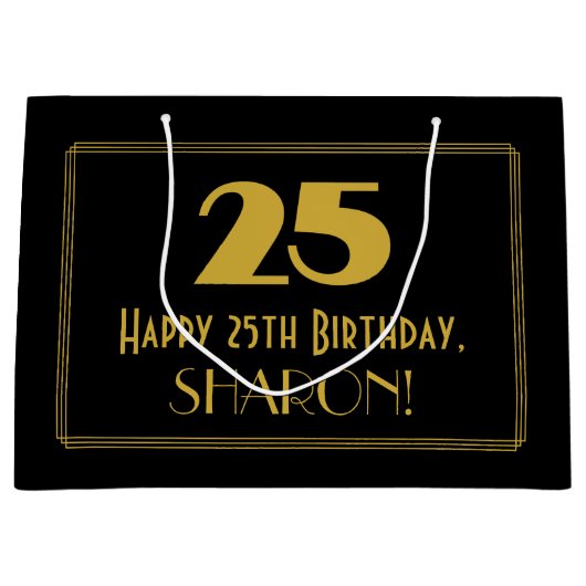 25番目の誕生日:インスパイアアールデコの「25」の外観と名前 ラージペーパーバッグ (正面)