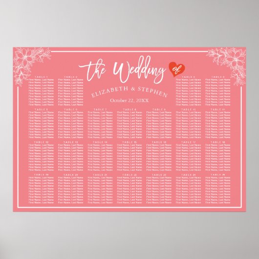 25表ピンクの白フローラ結婚の座席表 ポスター (正面)