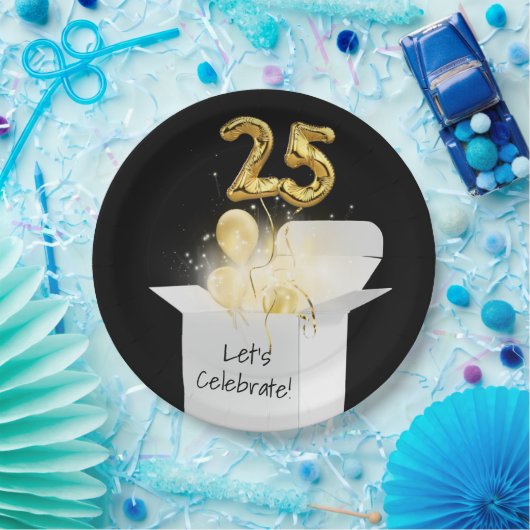 25誕生日の金ゴールドバルーンを白いボックスに ペーパープレート (パーティー)