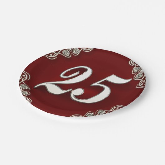 25誕生日またはアニバーサリーガルシルバーアンドレッド ペーパープレート (アングル)