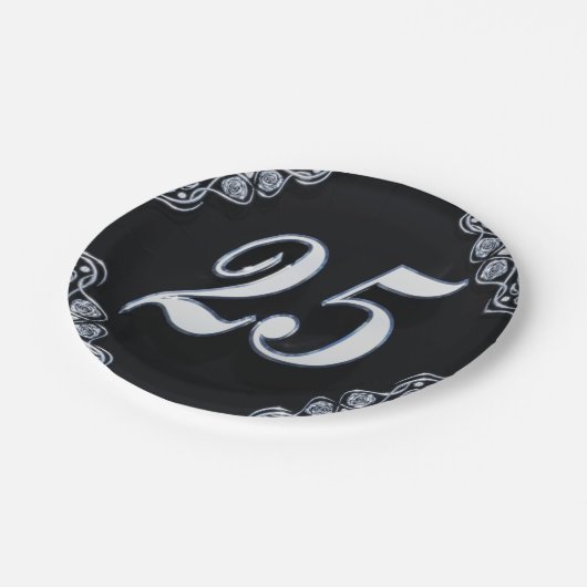 25誕生日またはアニバーサリーガルシルバーブラック ペーパープレート (アングル)