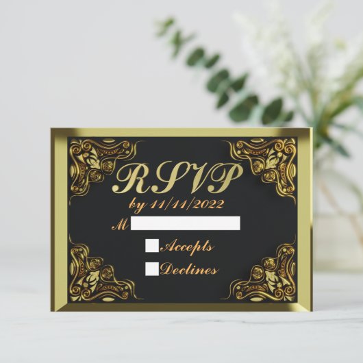 25誕生日または記念日の金ゴールドとブラック 出欠カード (スタンド正面)