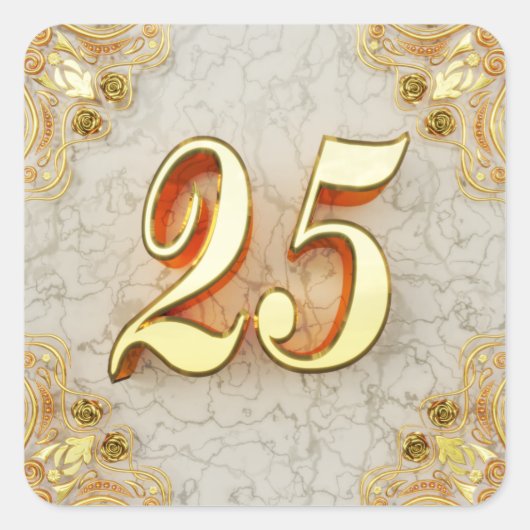 25誕生日または記念日の金ゴールドと大理石 スクエアシール (正面)