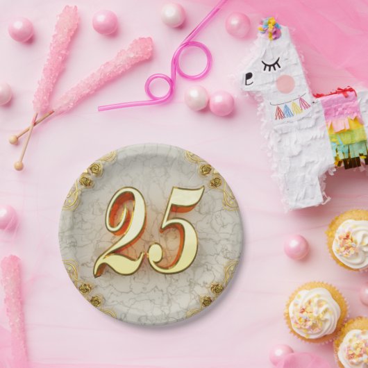 25誕生日または記念日の金ゴールドと大理石 ペーパープレート (パーティー)