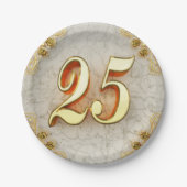 25誕生日または記念日の金ゴールドと大理石 ペーパープレート (正面)