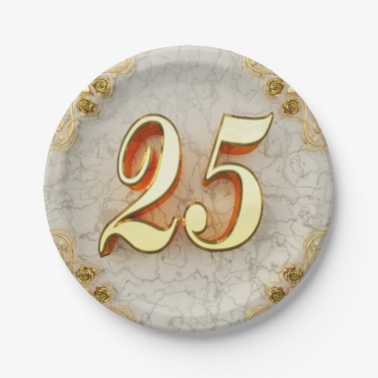 25誕生日または記念日の金ゴールドと大理石 ペーパープレート (正面)