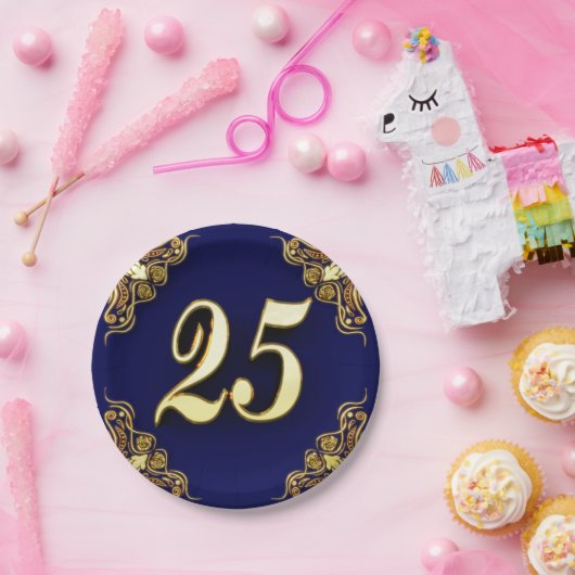 25誕生日または記念日金ゴールドとブルー ペーパープレート (パーティー)