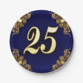 25誕生日または記念日金ゴールドとブルー ペーパープレート (正面)