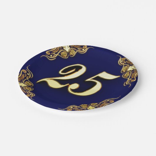 25誕生日または記念日金ゴールドとブルー ペーパープレート (アングル)