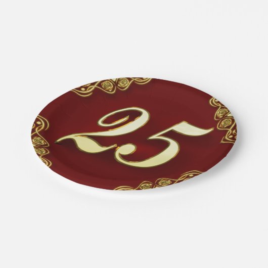 25誕生日または記念日金ゴールドと赤 ペーパープレート (アングル)