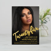 25誕生日カスタムフォトスクリプト金ゴールド 箔招待状 (立ち正面)