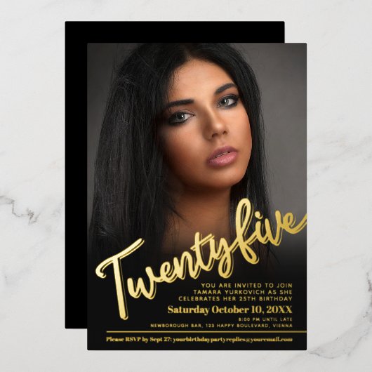 25誕生日カスタムフォトスクリプト金ゴールド 箔招待状 (正面/裏面)