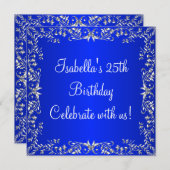 25誕生日コバルトブルー&シルバーフローラメタル 招待状 (正面/裏面)