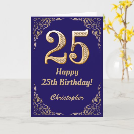 25誕生日ネイビーブルーと金ゴールドグリッターフレーム カード (黄色い花)