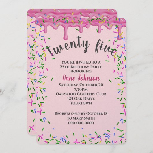 25誕生日ピンクアイシングと散水 招待状 (正面/裏面)