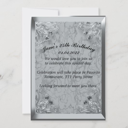 25誕生日リーガルシルバー大理石グリーティングまたは 招待状 (裏面)