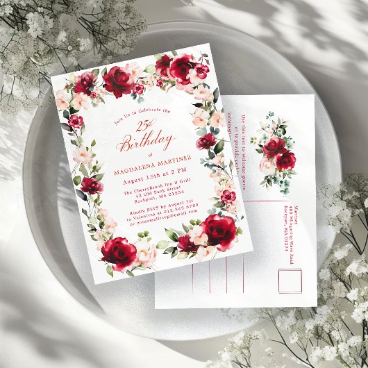 25誕生日レッドローズピンク牡丹招待状 ポストカード