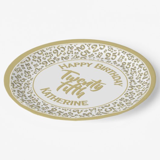 25誕生日乱数パターン25金ゴールド/白 ペーパープレート (アングル)