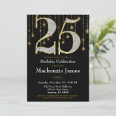 25誕生日招待状ブラック金ゴールドダイヤモンド大人 招待状 (スタンド正面)
