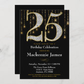 25誕生日招待状ブラック金ゴールドダイヤモンド大人 招待状 (正面/裏面)