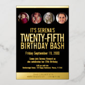 25誕生日黒と金ゴールドの写真のサークル 箔招待状 (正面)