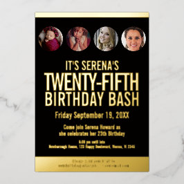 25誕生日黒と金ゴールドの写真のサークル 箔招待状