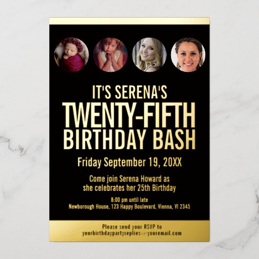 25誕生日黒と金ゴールドの写真のサークル 箔招待状 (正面)