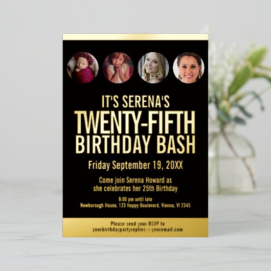 25誕生日黒と金ゴールドの写真のサークル 箔招待状 (立ち正面)