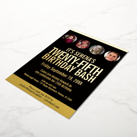 25誕生日黒と金ゴールドの写真のサークル 箔招待状 (回転した状態)