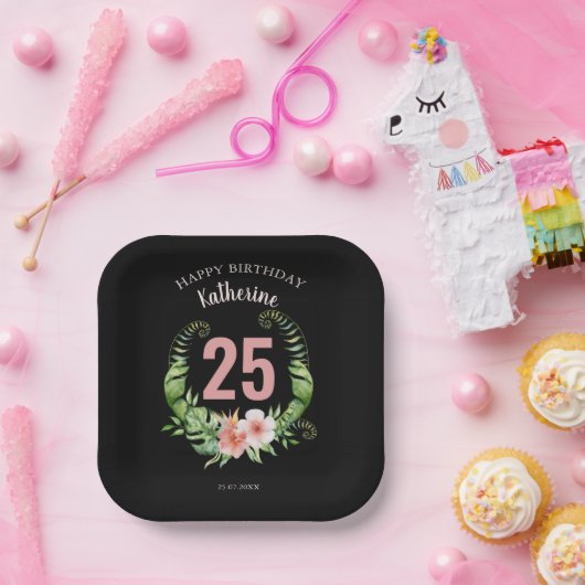 25誕生日黒フローラスクリプト名 ペーパープレート (パーティー)