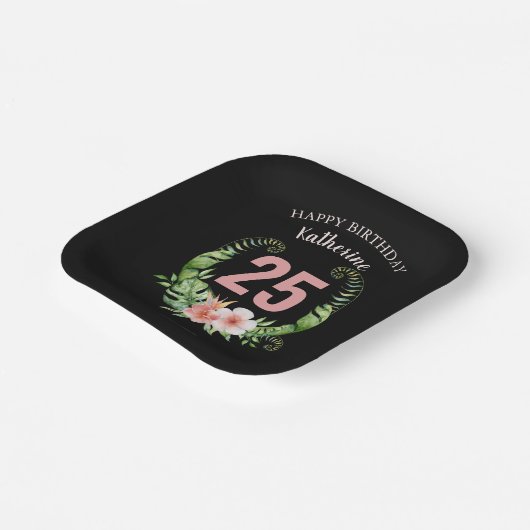 25誕生日黒フローラスクリプト名 ペーパープレート (傾斜あり)