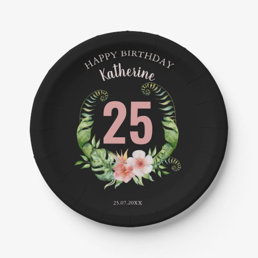 25誕生日黒フローラスクリプト名 ペーパープレート (正面)