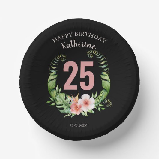 25誕生日黒フローラスクリプト名 ペーパーボウル (正面)