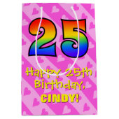 25誕生日:おもしろいピンクハートストライプ、レインボー25 ミディアムペーパーバッグ (正面)