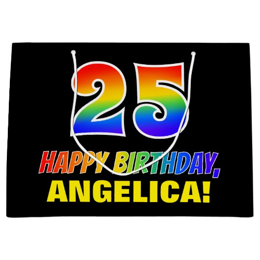 25誕生日:はっきりした,おもしろい,シンプル虹， 25 ラージペーパーバッグ (正面)