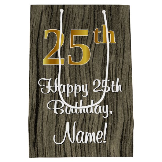 25誕生日:エレガントフェイク金ゴールドルック#,フェイク Wood ミディアムペーパーバッグ (裏面)