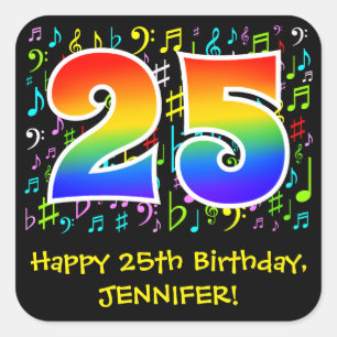 25誕生日:カラフル音楽シンボル、レインボー25 スクエアシール