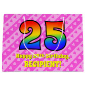 25誕生日：ピンクストライプのハート、レインボー# 25 ラージペーパーバッグ (正面)